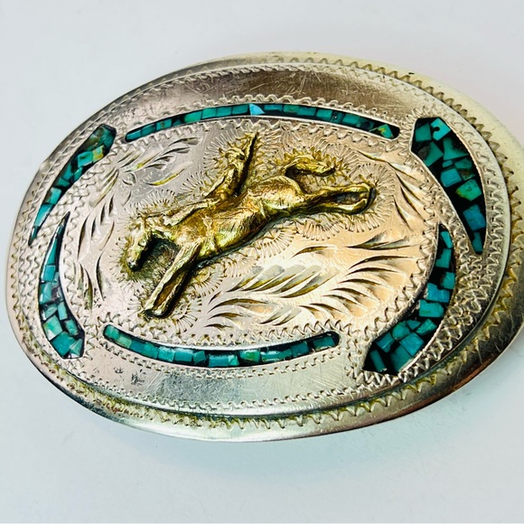 Vintage Native Turquoise Inlay Nickel Silver Bucking Bronco Belt Buckle Western - Picture 5 of 6
